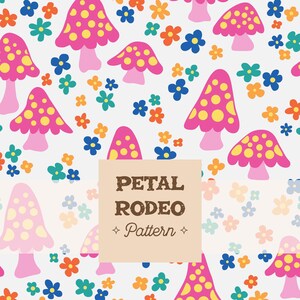 Arquivo de padrão de repetição perfeita de flores de margaridas e cogumelos fofos | Boho hippie retrô moderno, anos 60, rosa de verão | Download digital por sublimação PNG