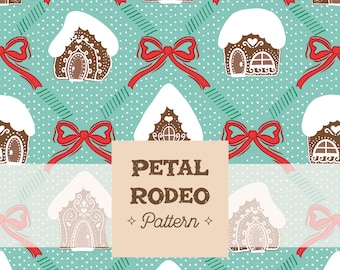Gingerbread Houses with Bows Seamless Repeating Pattern File | Christmas Holidays Red Green Teal Cute | Digital Download Sublimation PNG