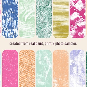May include: A collection of colorful, textured rectangular designs with rounded corners. The designs feature various patterns and colors, including pink, blue, green, and orange. The text "created from real paint, print & photo samples" is also present.