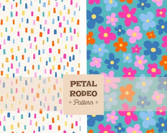Cute Boho Retro Daisy Blooms Repeat Set of Seamless Pattern Files | Colorful Confetti Blues Pinks | Summer Transparent PNG Digital Download