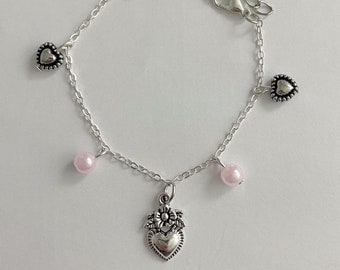hearts and pink pearls silver bracelet | stainless steel coquette bracelet girlyjewelery