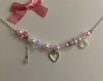 cute heart necklace | coquette beaded jewelry handmade necklace bow silver beads pink beads necklace