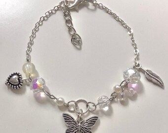 butterfly and pearls silver bracelet | stainless steel coquette bracelet