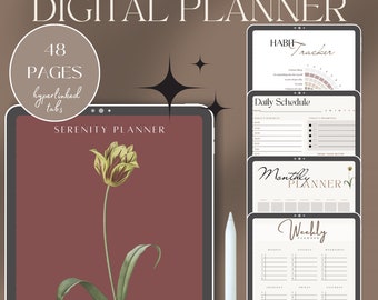 May include: Digital planner with a burgundy background and a floral design. The planner includes a habit tracker, daily schedule, monthly planner, and weekly planner. The text on the planner reads "Undated Digital Planner" and "Serenity Planner."