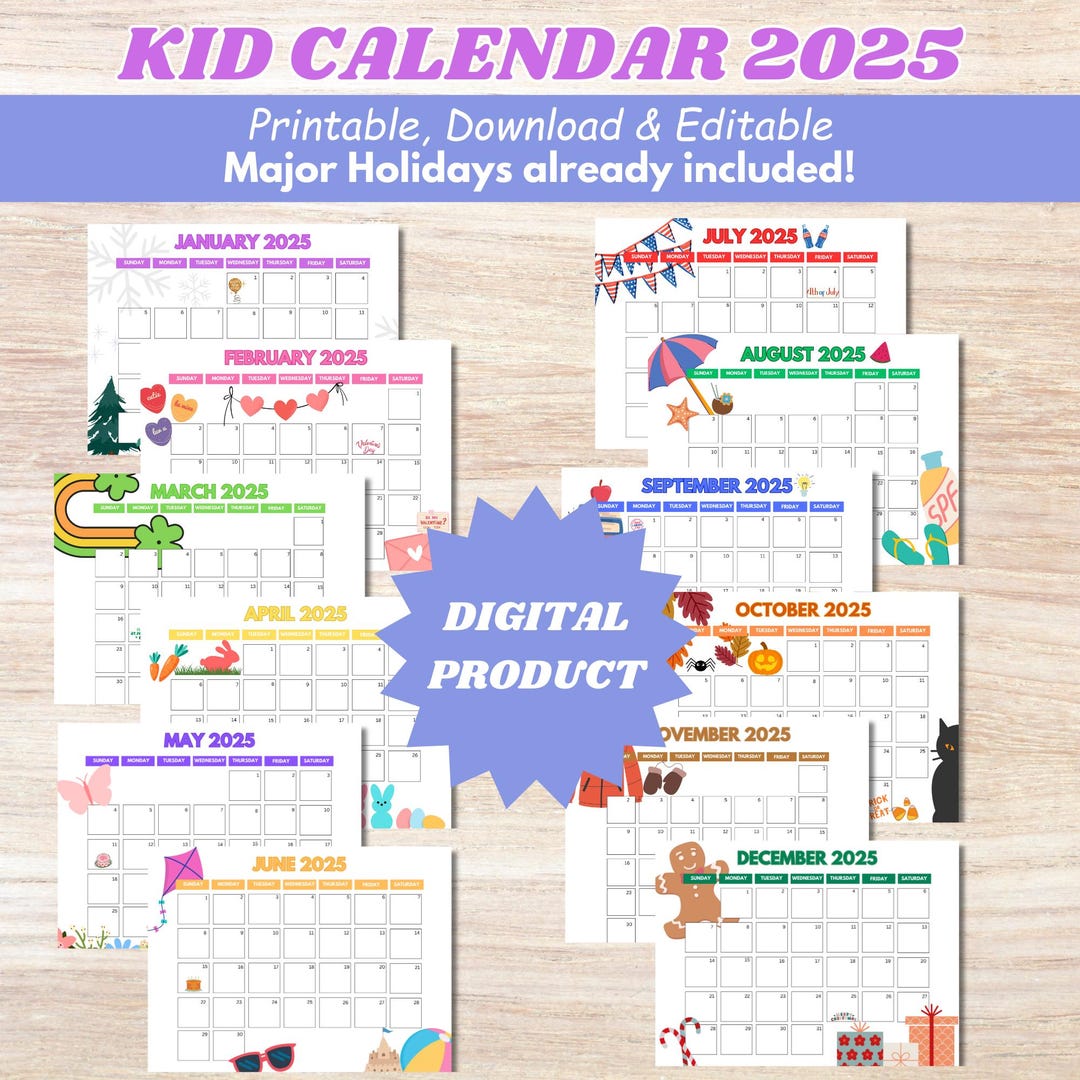 2025 Calendar Printable, Cute Kids Calendar 2025, Wall Calendar PDF