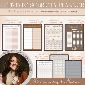 May include: A digital planner with a brown and beige color scheme, featuring pages for tracking sobriety, medication, recovery care, and appointments. The planner includes a sobriety day counter, a 90-day challenge, and a weekly meeting tracker. The text "Ultimate Sobriety Planner" and "Realized Resilience" is visible at the top of the planner.