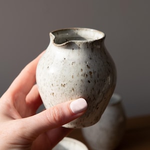 May include: A small, rounded ceramic creamer jug with a speckled off-white glaze and a distinct pouring spout. The surface features brown and grey flecks distributed across the body, with a smooth, curved silhouette and a wide opening.