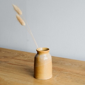 May include: A small, cylindrical ceramic vase in shades of tan and beige, holding two dried, fluffy beige stems. The vase sits on a wooden surface against a plain white wall. The vase is a decorative item.