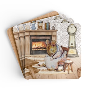 May include: Set of four square coasters with a watercolor illustration of a mouse in a rocking chair by a fireplace. The coasters have a cork backing and a decorative top with a vintage scene.
