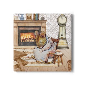 May include: Watercolor illustration of a mouse sleeping in a rocking chair near a fireplace. A grandfather clock and a small table with a teacup are also visible. The scene evokes a cozy, storybook atmosphere.
