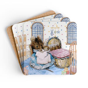 May include: Set of four square coasters with a charming illustration of mice in a nursery setting. The coasters feature a cork backing and a glossy top with a detailed watercolor scene, including a crib and a mobile.