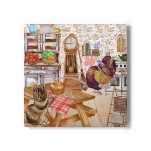 May include: Watercolor illustration of a cozy kitchen scene with a mouse knitting at a wooden table. A larger mouse carries a basket. A grandfather clock and a cabinet with produce are in the background. The wallpaper has a floral pattern.
