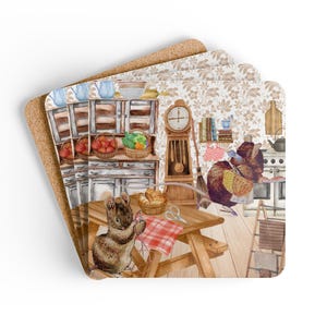 May include: Set of four square coasters with a watercolor illustration of a kitchen scene with a mouse and a bear. The coasters have a cork backing and a decorative top with a kitchen scene.