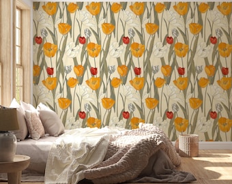 Yellow Tulips Wallpaper For Living Room Red Floral Wallpaper Pattern Bedroom Custom Wall Print Botanical  Wallpaper White Floral Peel Stick