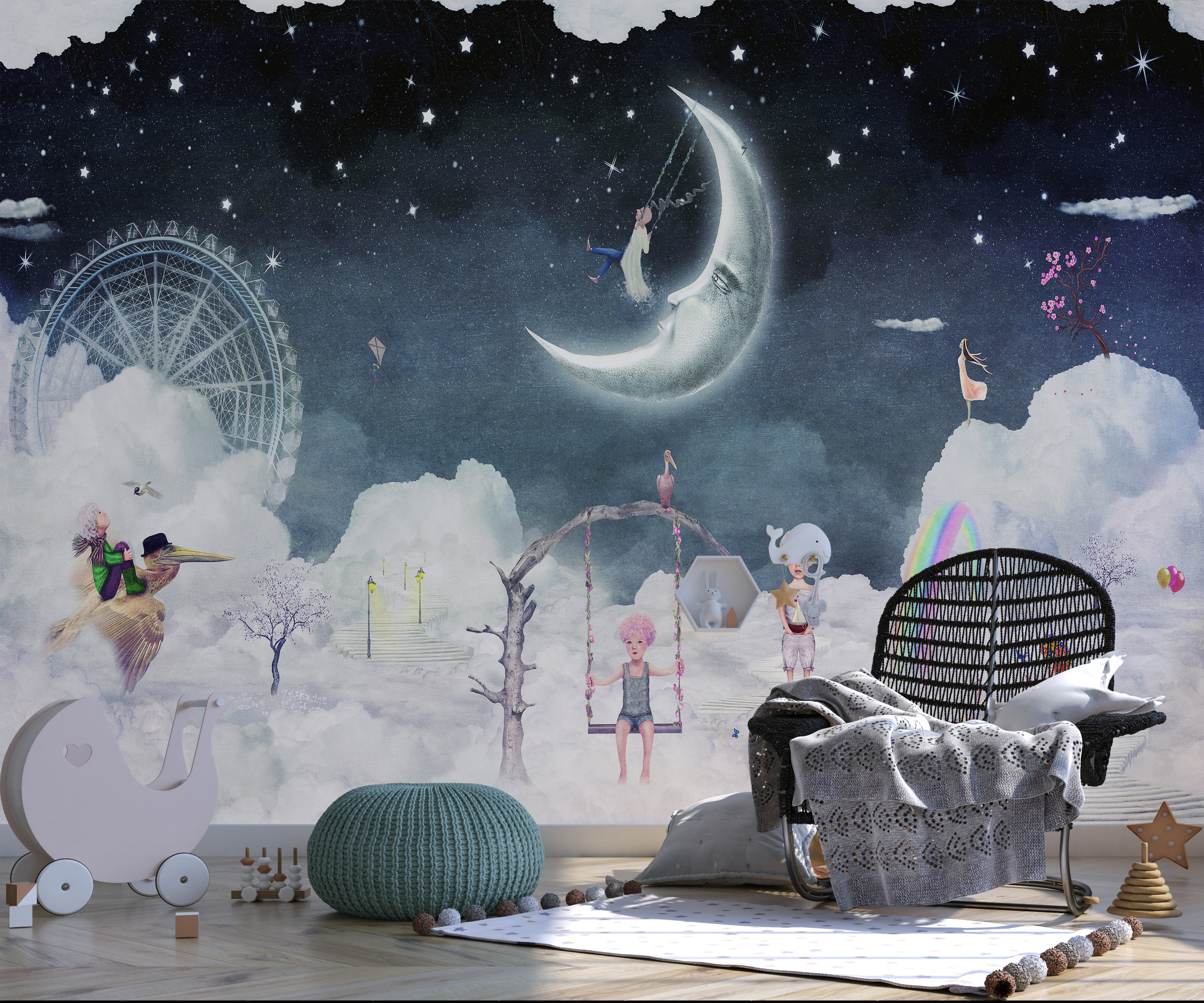 Night Sky Wallpaper for Kids Room Watercolor Moon and Stars Wallpaper ...