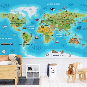 Carta da parati con mappa del mondo per la stanza dei bambini, simpatici animali, stampa personalizzata per la stanza dei bambini, carta da parati colorata con mappa delle meraviglie del mondo, stacca e attacca la carta da parati per bambini