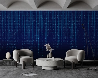 Carta da parati binaria per ufficio, flusso di dati blu, numeri, soggiorno, stampa murale personalizzata, carta da parati tecnologica, stacca e attacca, matrice blu zero e uno