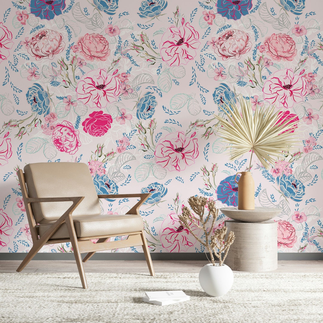 Floral Wallpaper for Living Room Pink Flowers Wallpaper Blue Flowers ...