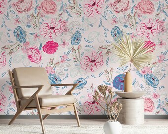 Papel pintado floral para sala de estar Flores rosadas Fondo de pantalla Flores azules Dormitorio Impresión de pared personalizada Plantas Floral Peel and Stick Pastel Wallpaper