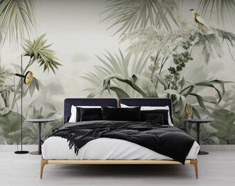 Botanical Wall Art For Living Room Green Tropical Wallpaper Minimal Bedroom Wallpaper Custom Wall Print Yellow Bird Full Mural Green Art