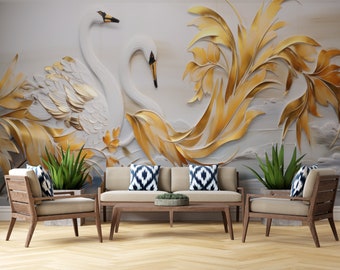 Swans Wall Art For Living Room Gold Luxurious Wallpaper Gold Detailed Bedroom Wallpaper Custom Wall Print Yellow Bird Full Mural White Art