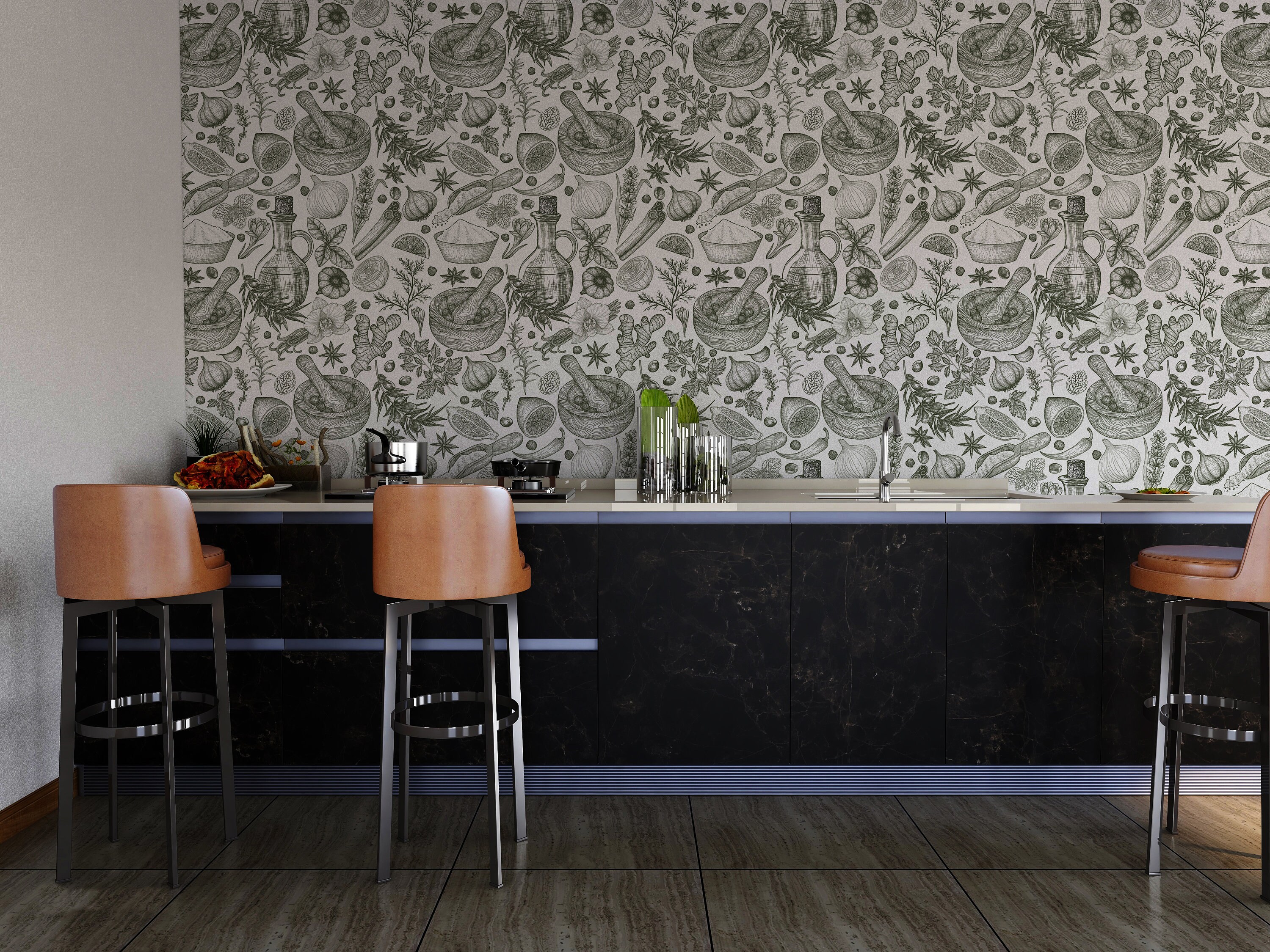 Herbs and Spices Wallpaper for Kitchen Green Pattern Wallpaper Dining ...