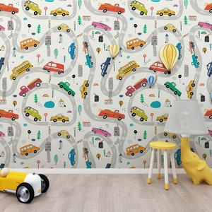 Carta da parati per auto per cameretta Carta da parati colorata Veicoli Asilo nido Stampa da parete personalizzata Carta da parati per auto e strade per bambini Murale stacca e incolla