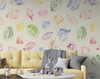 Papel tapiz con hojas de acuarela para sala de estar, patrón de papel tapiz pastel para dormitorio, impresión de pared personalizada, flores, despegar y pegar, colorido botánico