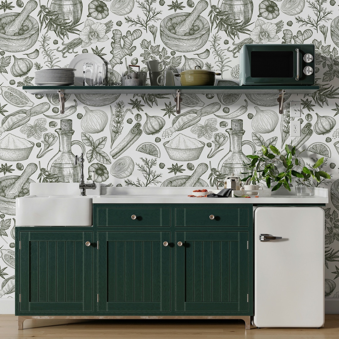 Herbs and Spices Wallpaper for Kitchen Green Pattern Wallpaper Dining ...