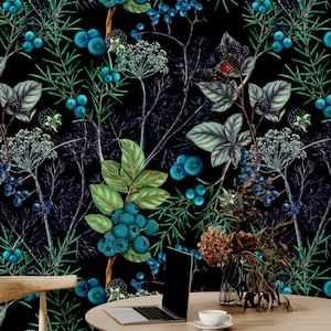 Botanische Tapete für Wohnzimmer Blaubeere-Muster-Tapete Schlafzimmer Benutzerdefinierte Wand-Druck Blaue botanische Tapete Schälen und Stock volles Wandbild