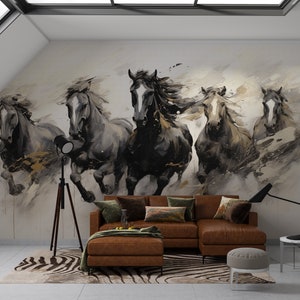 Pferde Tapete für Wohnzimmer Ölgemälde Tapete Schlafzimmer Benutzerdefinierte Wand-Druck Gold Detailliertes Wanddekor Schwarzweiss-volles Wandbild