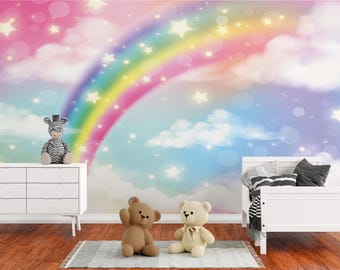Rainbow Wallpaper For Kids Room Colorful Watercolor Wallpaper Custom Wall Print Peel And Stick