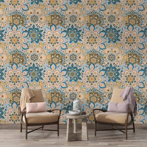 Carta da parati floreale per soggiorno Carta da parati a mosaico geometrico Camera da letto Stampa murale personalizzata Ornamento pastello tradizionale Carta da parati staccabile e adesiva