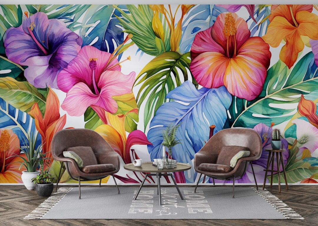 Watercolor Floral Wallpaper for Living Room Colorful Botanical ...