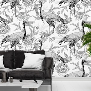 Kranich Tapete Für Wohnzimmer Botanische Tapete Blumen Schlafzimmer Benutzerdefinierte Wanddruck Schwarzweiß-Tapete Natur Schälen und Aufkleben