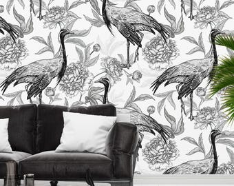 Papel tapiz de pájaro grulla para sala de estar Papel tapiz botánico Dormitorio floral Impresión de pared personalizada Papel tapiz en blanco y negro Naturaleza Despegar y pegar