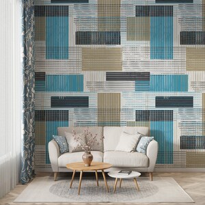 Blue Pastel Shapes Wallpaper For Living Room Lines Pattern Wallpaper Bedroom Abstract Wallpaper Custom Wall Print Beige Peel and Stick