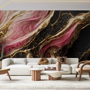 Rosa Marmor Tapete Für Wohnzimmer Gold Tapete Rosa Schwarzes Schlafzimmer Benutzerdefinierter Wanddruck Schwarzer und rosa Marmor-Wand-Dekor Volles Wandbild