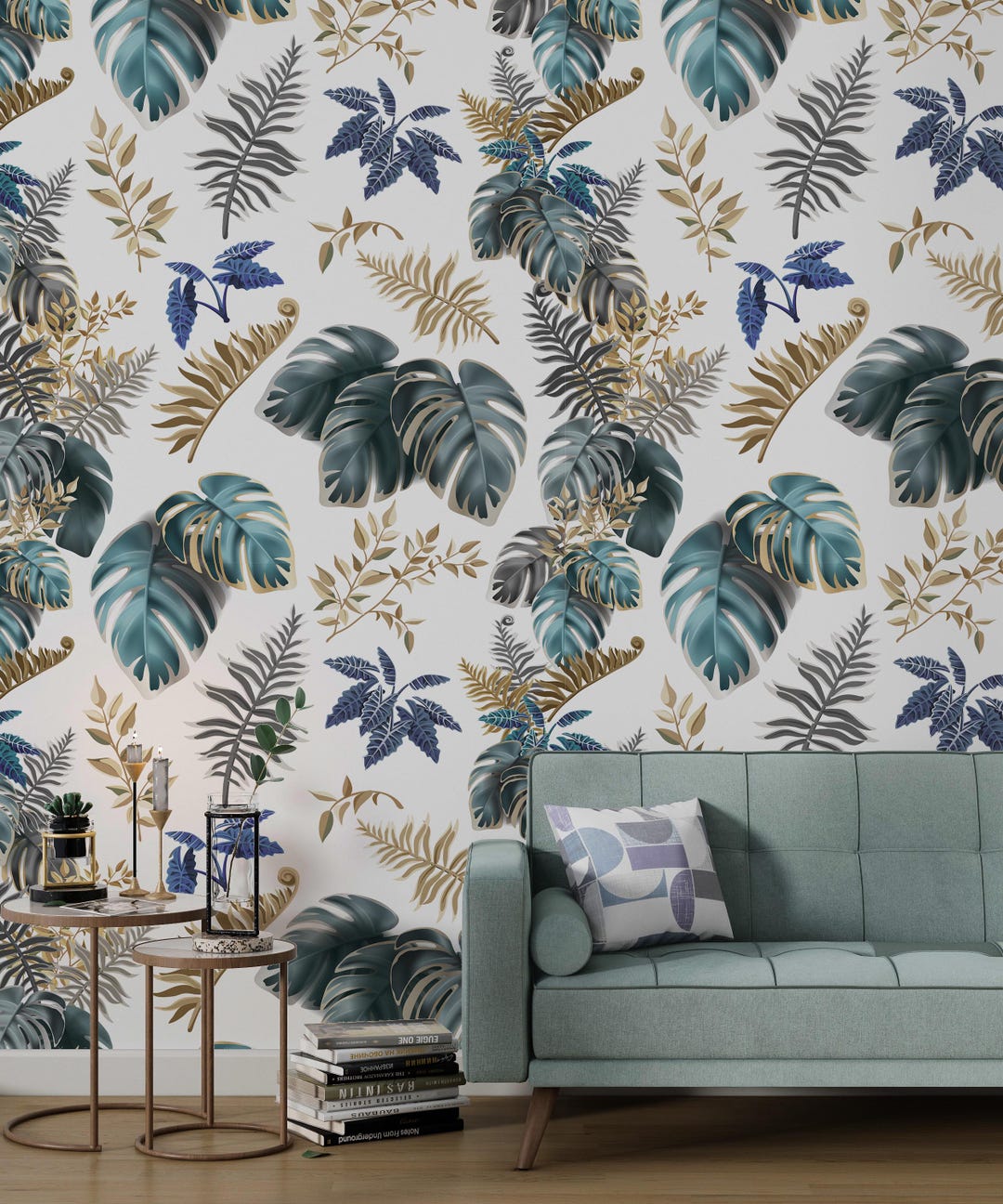 Botanical Wallpaper for Living Room Leaves Pattern Wallpaper Green ...