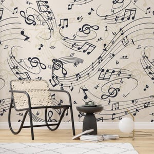 Carta da parati con note musicali per soggiorno Carta da parati con motivo musicale Carta da parati con motivo di note per camera da letto Stampa murale personalizzata Carta da parati color crema Peel and Stick Mural