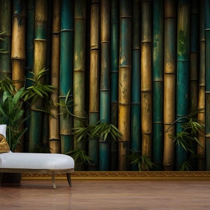 Carta da parati murale in bambù verde per soggiorno, carta da parati botanica verde, carta da parati minimalista per camera da letto, carta da parati personalizzata, arte murale tropicale verde completa