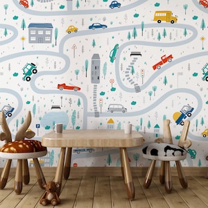 Car Wallpaper For Kids Room Colorful Wallpaper Vehicles Nursery Custom Wall Print Cars And Roads Wallpaper For Children Peel And Stick Mural