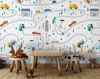 Carta da parati con auto per la cameretta dei bambini, carta da parati colorata con veicoli, stampa murale personalizzata per la cameretta dei bambini, carta da parati con auto e strade per bambini, murale staccabile e attaccabile.