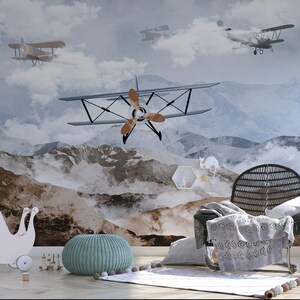 Air Plane Wallpaper For Kids Room Landscape With Air Plane Wallpaper Nursery Custom Wall Print Cartoon Look Wall Decor Kids Full Wall Mural
