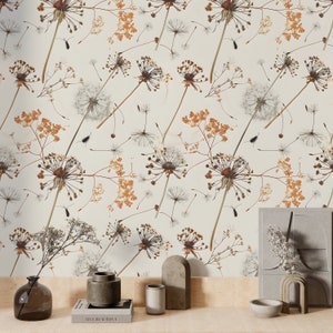 Carta da parati con denti di leone per soggiorno Carta da parati botanica con denti di leone Stampa personalizzata per pareti della camera da letto Carta da parati beige con stampa floreale marrone