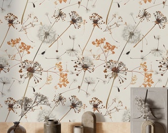 Papel pintado de diente de león para sala de estar, papel pintado botánico de diente de león, impresión de pared personalizada para dormitorio, papel pintado beige autoadhesivo con diseño floral marrón