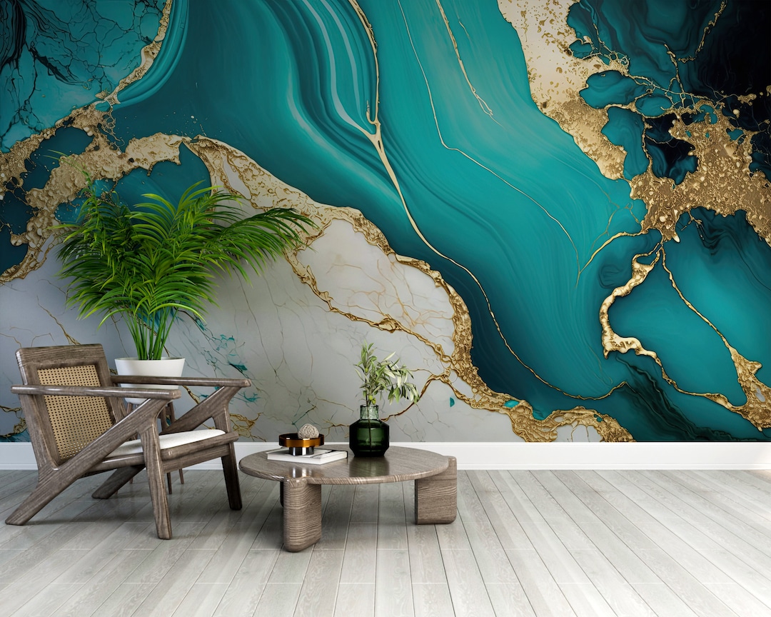 Vibrant Blue and Gold Detailed Marble Full Mural Wallpaper, Elegant ...