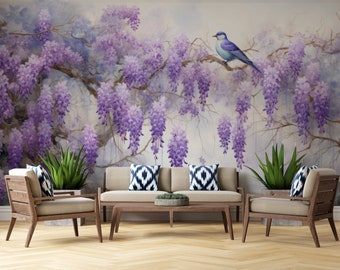 Purple Tree Wall Art For Living Room Purple Botanical Wallpaper Minimal Bedroom Wallpaper Custom Wall Print Tropical Bird Full Mural Art