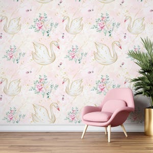 Schwäne Tapete für Wohnzimmer Gold-Glitter Detaillierte Tapete Schlafzimmer Tapete Benutzerdefinierter Wand-Druck-rosa Blumenvogel Schälen und Stock Kinderzimmer