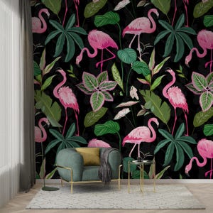 Carta da parati con fenicotteri per soggiorno Carta da parati tropicale Camera da letto Stampa murale personalizzata Carta da parati botanica Buccia e bastone Colori pastello Murale completo